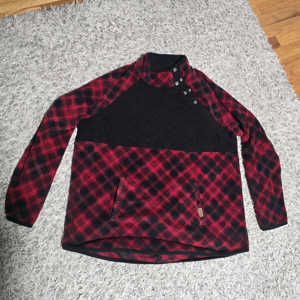 Red Black Plaid Fleece Pullover Womens Snap Neck Quilted Cozy Sweatshirt